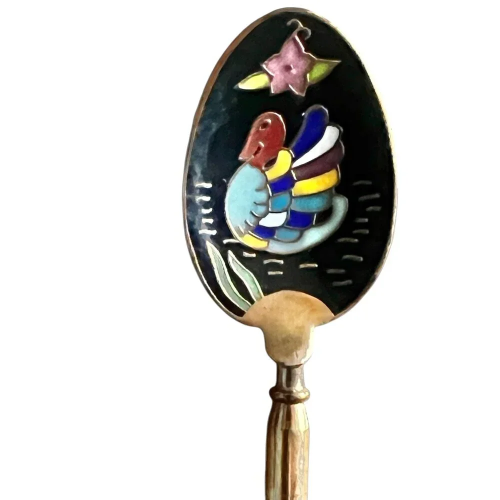 Vintage 1960s Cloisonné Enamel Decorative Spoons Set Of 5 Animal & Floral Design